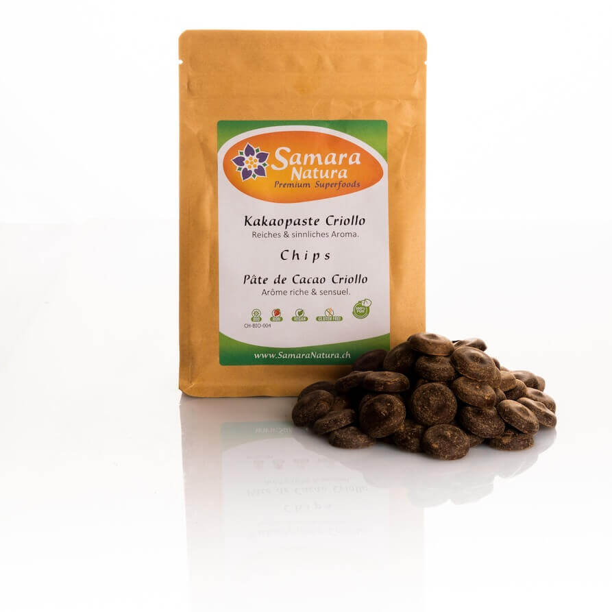 Kakaopaste-Criollo-Chips-Bio-mit-Beutel Cacao paste Criollo Chips organic with bag