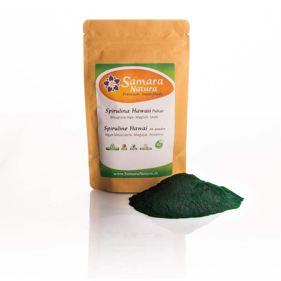 Spirulina-Pulver-Hawaii-mit-Beutel Spirulina powder Hawaii with bag