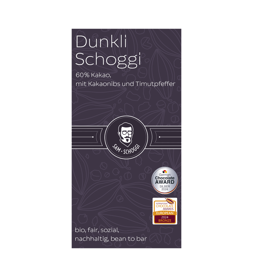 SAM Schokolade mit Kakaonibs und Timutpfeffer Bio SAM Schokolade mit Kakaonibs und Timutpfeffer Bio